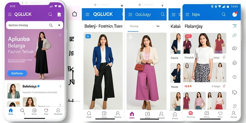 Antarmuka aplikasi QGLUCK menampilkan koleksi fashion terbaru.